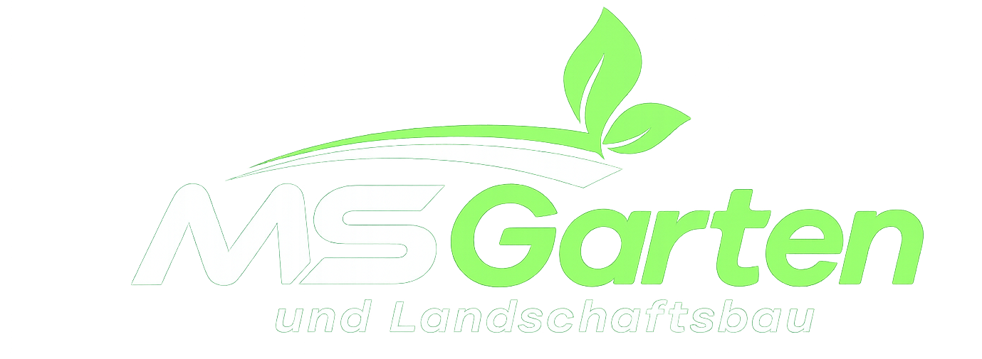 Logo von MS Garten mit grünen Schriftzügen und Pflanzenmotiven.