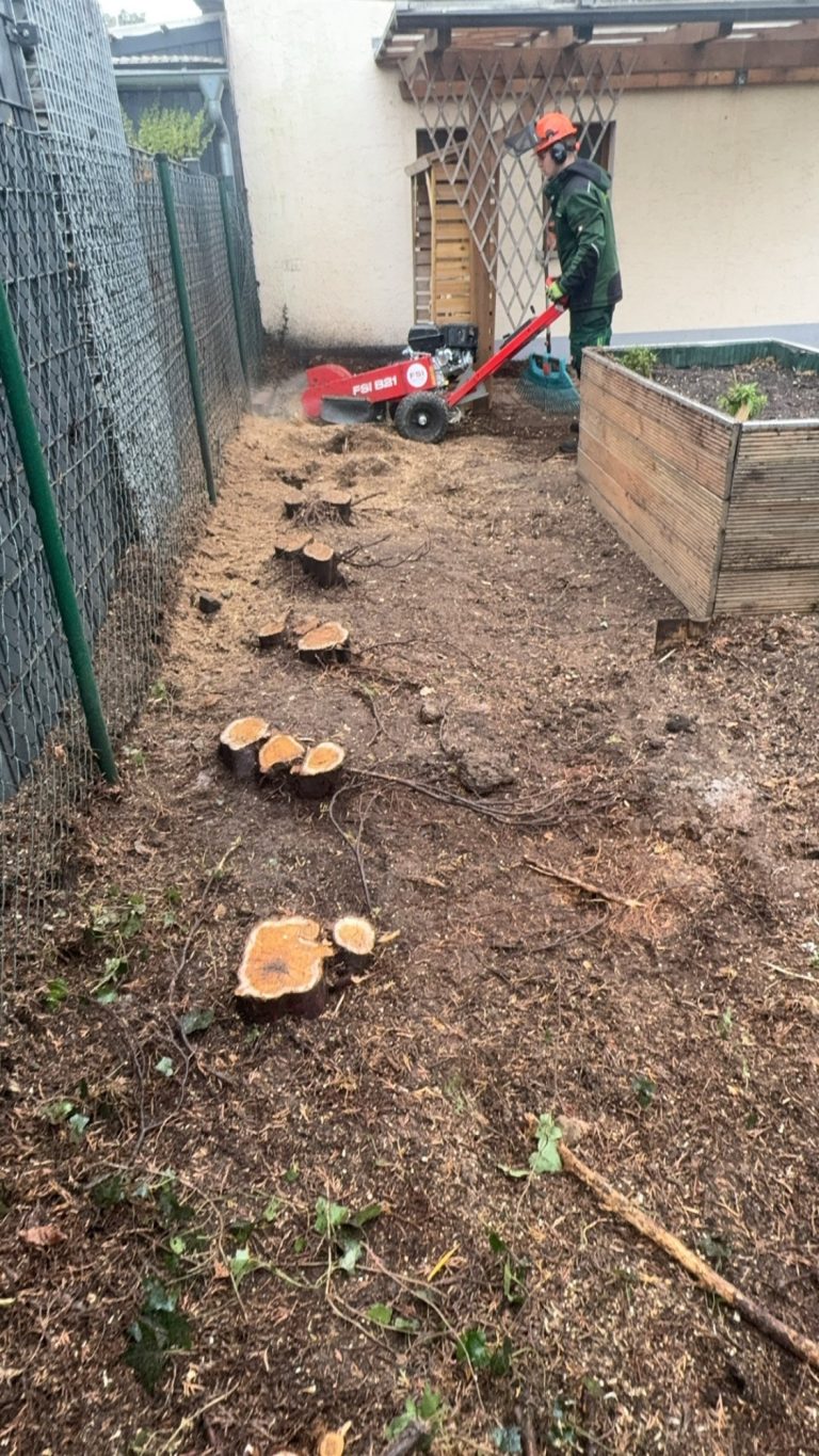Gartenbereich mit Holzscheiben, jemand nutzt eine Bodenfräse.